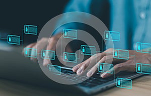 blockchain technology ledger data algorithm linked together in a chain. The system Payments and transactions to secure business