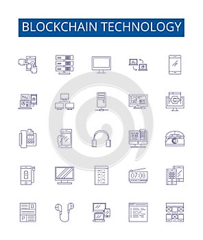 Blockchain technology line icons signs set. Design collection of Blockchain, Technology, Decentralized, Ledger