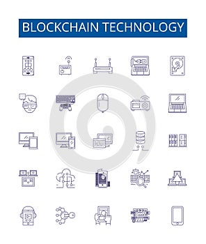 Blockchain technology line icons signs set. Design collection of Blockchain, Technology, Decentralized, Ledger