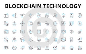 Blockchain technology linear icons set. Cryptography, Decentralization, Peer-to-peer, Immutable, Trustless, Consensus