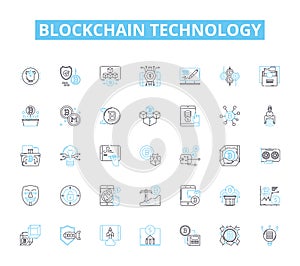 Blockchain technology linear icons set. Cryptography, Decentralization, Peer-to-peer, Immutable, Trustless, Consensus