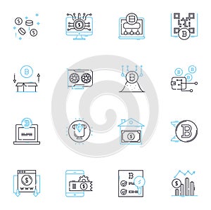 Blockchain technology linear icons set. Decentralization, Cryptocurrency, Security, Transparency, Smart contracts