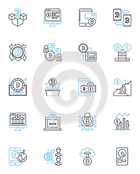Blockchain technology linear icons set. Decentralization, Cryptocurrency, Security, Transparency, Smart contracts