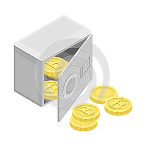 Blockchain Technology with Safe Deposit or Cash Box with Bitcoin Gold Coin Isometric Vector Illustration