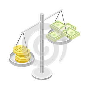Blockchain Technology with Scales Weighing Bitcoin Gold Coin and Dollar Banknote Isometric Vector Illustration