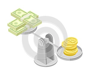 Blockchain Technology with Scales Weighing Bitcoin Gold Coin and Dollar Banknote Isometric Vector Illustration