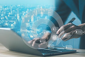 blockchain technology system Payments and transactions to secure business networks, ledger data algorithm linked together in a