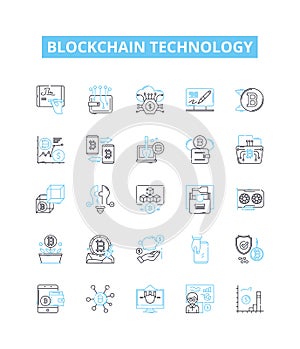 Blockchain technology vector line icons set. Blockchain, Technology, Cryptocurrency, Bitcoin, Decentralized, Ethereum