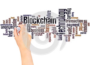 Blockchain technology word cloud hand writing concept