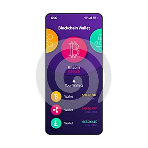 Blockchain wallets manager smartphone interface vector template. Mobile app page violet design layout. Cryptocurrency