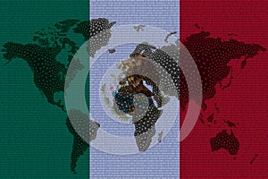 Blockchain world map on the background of the flag of Mexico and cracks. Mexico cryptocurrency concept