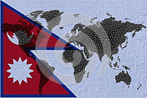 Blockchain world map on the background of the flag of Nepal and cracks. Nepal cryptocurrency concept