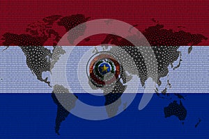Blockchain world map on the background of the flag of Paraguai and cracks. Paraguai cryptocurrency concept