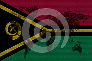 Blockchain world map on the background of the flag of vanuatu and cracks. vanuatu cryptocurrency concept