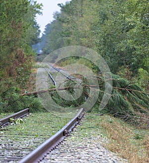 Blocked railroad line after a hurricane