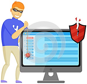 Hacker breaks into computer. Cyber attacker trying to hack PC. Breaking system, cracking software