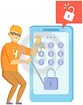Blocking hacker attack. Hacker breaks into smartphone. Cyber attacker trying to hack computer