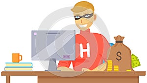 Blocking hacker attack to personal account in computer. Man is hacking PC protection system