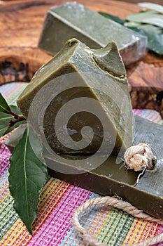 Blocks of handmade bio vegetal laurel bay leaf soap