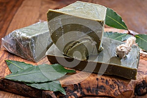 Blocks of handmade bio vegetal laurel bay leaf soap