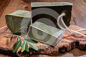 Blocks of handmade bio vegetal natural olives and bay leaf soap