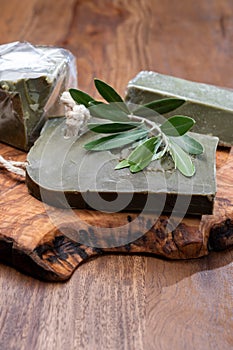 Blocks of handmade bio vegetal natural olives and bay leaf soap