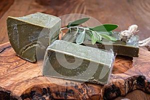 Blocks of handmade bio vegetal natural olives and bay leaf soap