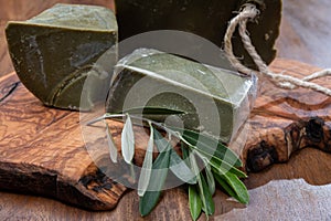 Blocks of handmade bio vegetal natural olives and bay leaf soap