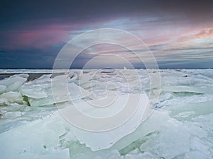 blocks of ice on the coast of sea. artic winter landscape