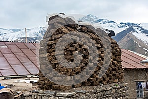 Blocks from manure are used as fuel for heating the house during the cold period