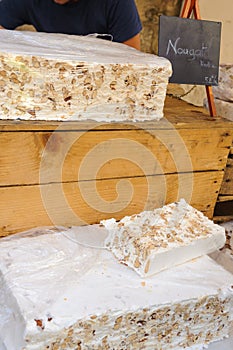 Blocks of Nougat are for sale at a Market in Sault, France.
