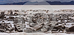 Blocks of salt are cut out of the Salt Flats in Bolivia for use by artists making salt statures