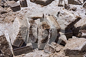 Blocks of salt are cut out of the Salt Flats in Bolivia for use by artists making salt statures