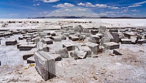 Blocks of salt are cut out of the Salt Flats in Bolivia for use by artists making salt statures