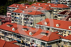 Blocks of small houses with red roofs in Shanghai