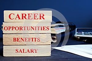 Blocks with words career opportunities, benefits and salary