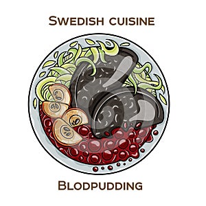 Blodpudding, also known as black pudding is a traditional Swedish dish made from a mixture of pork blood, pork fat, rye flour, and photo
