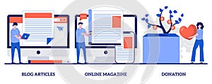 Blog articles, online magazine, donation concept with tiny people. Website tabs abstract vector illustration set. Crowdfunding,