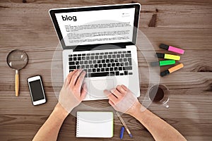 Blog, blogging concept, hands of blogger and keyboard
