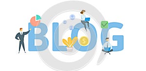 BLOG. Concept with people, letters and icons. Flat vector illustration. Isolated on white background.