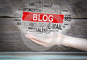 Blog concept. Word cloud in female hand