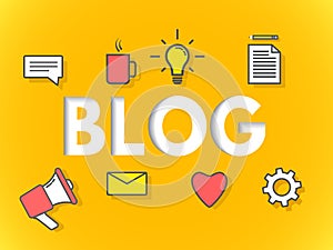 Blog concept on yellow background. Business blogging for website, banner, poster. Modern layers design. Sign with icons