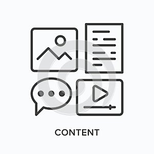 Blog content types flat line icon. Vector outline illustration of image, text, video, comment. Social media marketing
