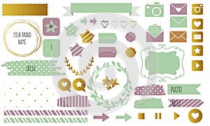 Blog design set with ribbons, stickers, logos, frames, borders and bottoms.