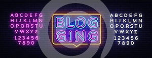 Blog Neon Text Vector. Blogging neon sign, design template, modern trend design, night signboard, night bright