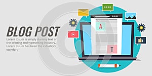 Blog post, content publication, communication with community, digital marketing concept. Flat design blogging vector banner.