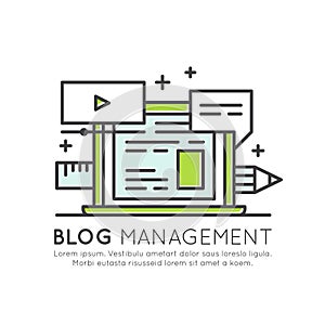 Blog Posts Creation Process. Music, video, images and data web sharing concept, content management