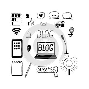 Blog set icon. hand drawn doodle style. , minimalism, monochrome, sketch. laptop, smartphone, notepad, microphone, camera, button