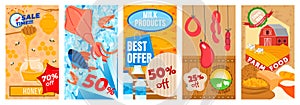 Blog stories, fresh organic food, new post template, colorful social media banner, design in cartoon style, vector