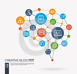 Blog, video content publish, post writing, follower integrated business vector icons. Digital mesh smart brain idea photo
